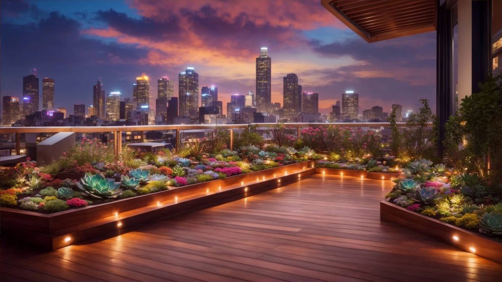 A mesmerizing rooftop garden with vibrant succulents and colorful flowers creating a visual feast for the eyes