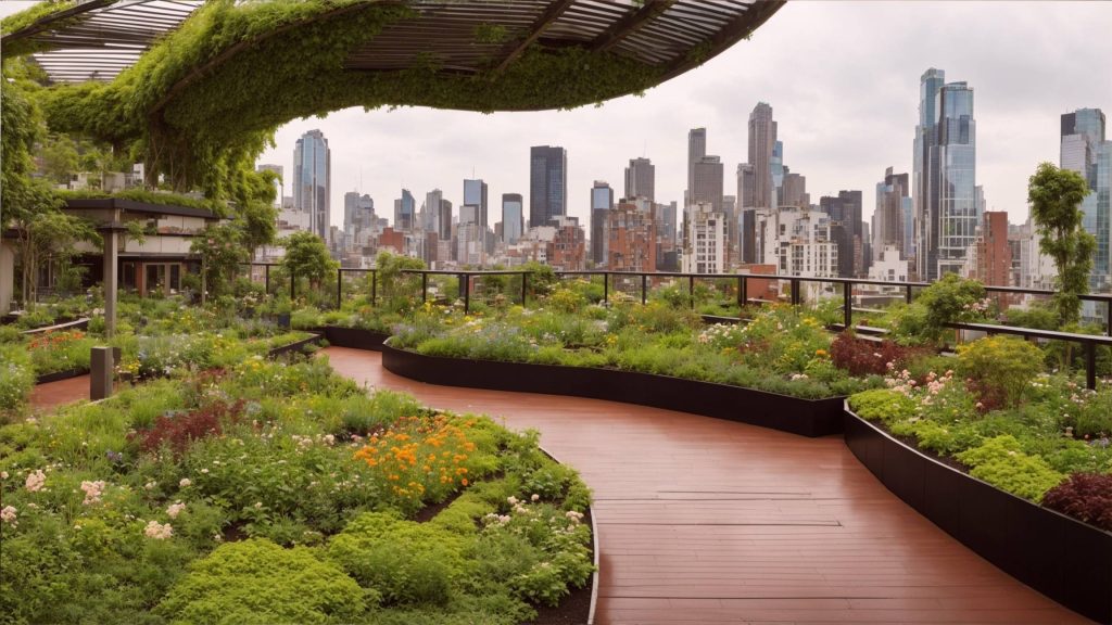A panoramic view of a rooftop garden emphasizing its significant contribution to the surrounding environment and the cityscape