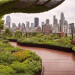 Panoramic rooftop garden view over the cityscape