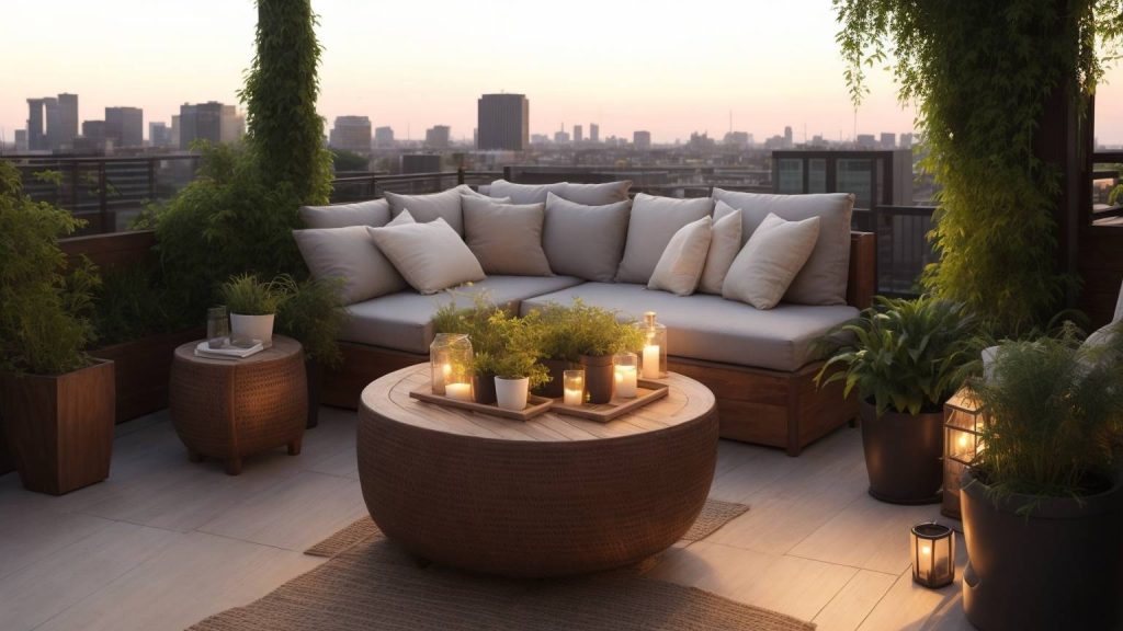 A serene rooftop sanctuary with comfortable furniture soft lighting and a captivating view of the city skyline 1