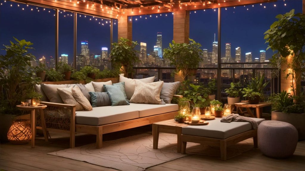 A serene rooftop sanctuary with comfortable furniture soft lighting and a captivating view of the city skyline