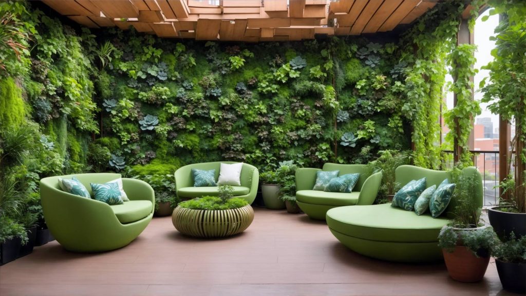 A vertical garden showcasing a green wall that serves as a beautiful backdrop for a seating area highlighting the potential of vertical gardening