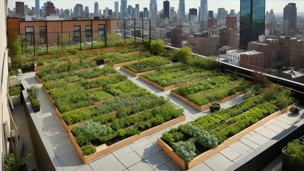 An aerial view of a rooftop vegetable garden featuring an assortment of fresh produce growing in raised beds
