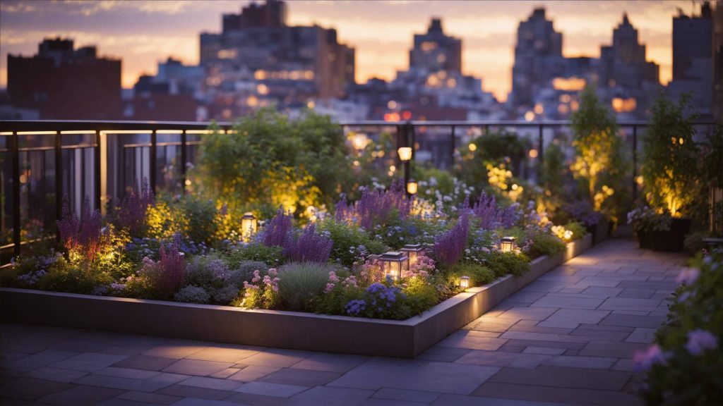 An artistic shot of a rooftop garden at dusk with gentle lighting adding a magical touch to the urban retreat
