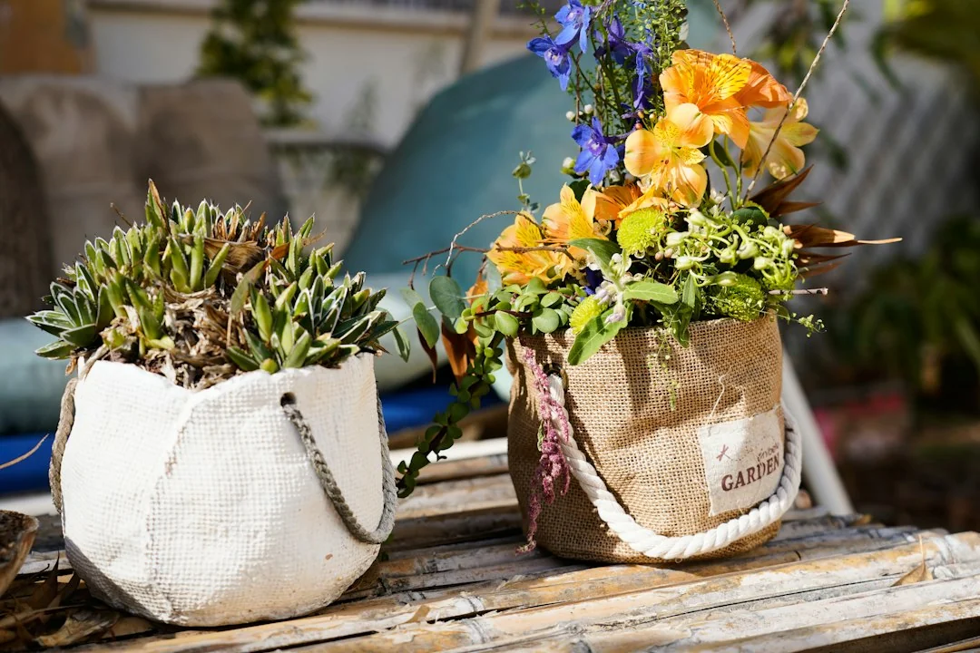 Succulent planted in a white fabric pot beside a burlap garden bag filled with fresh cut flowers